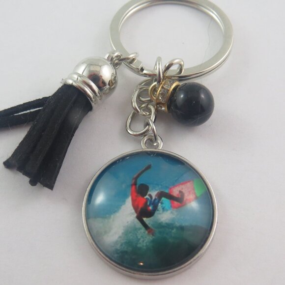 Surfing Keychain – Ocean Wave Surfer Key Ring with Tassel and Bead Accent, Beach - Picture 1 of 4